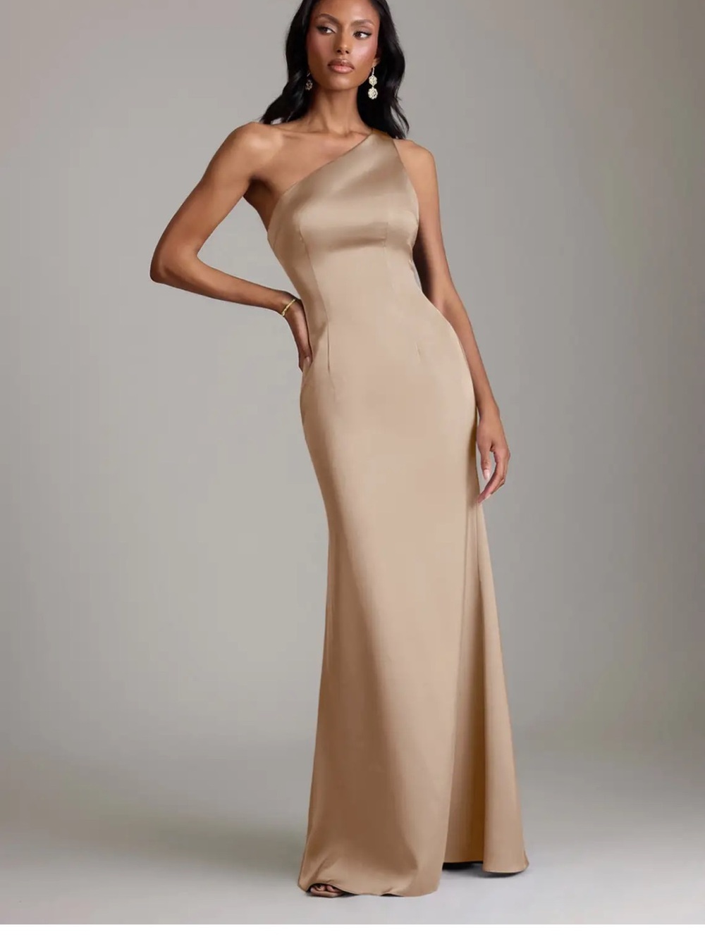 Azazie One-Shoulder Satin Gown in Champagne Gold